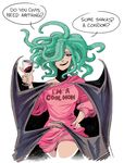  alcohol artist_request berserk black_wings breasts cup drinking_glass hand_of_god open_mouth parted_lips puffy_sleeves slan smile snake_hair solo sweater teeth tentacle_hair wine wine_glass wings 