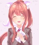  :d ^_^ artist_name bangs blazer blush bow breasts brown_hair brown_vest closed_eyes commentary doki_doki_literature_club english_commentary eyebrows_visible_through_hair facing_viewer hair_bow hair_ornament hair_ribbon hand_on_own_chest happy happy_tears holding holding_paper jacket long_hair long_sleeves medium_breasts monika_(doki_doki_literature_club) open_mouth oz_kun paper pink_background ponytail ribbon school_uniform shirt sidelocks signature simple_background smile solo tears teeth upper_body very_long_hair vest white_bow white_ribbon white_shirt 