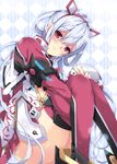  ahoge checkered checkered_background eyebrows_visible_through_hair floating_hair from_side hair_between_eyes hairband head_tilt highres leg_hug long_hair looking_at_viewer matoi_(pso2) milkpanda phantasy_star phantasy_star_online_2 red_eyes red_hairband red_legwear shiny shiny_skin silver_hair sitting smile solo thighhighs very_long_hair 