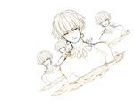  absurdres bare_chest closed_eyes dutch_angle earrings fate/stay_night fate_(series) gate_of_babylon gilgamesh highres jewelry male_focus monochrome multiple_boys necklace pale_color parody riuichi simple_background white_background 