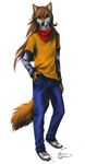  2014 anthro black_nose blue_eyes brown_hair canine clothed clothing digital_media_(artwork) fox fur hair looking_at_viewer male mammal orange_fur simple_background smile solo ts-cat white_background 