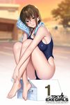  bangs bare_legs barefoot blue_eyes blue_swimsuit blue_towel blurry blurry_background blush breasts brown_hair commentary eyebrows_visible_through_hair full_body highleg highleg_swimsuit highres holding logo long_hair looking_at_viewer medium_breasts one-piece_swimsuit original outdoors print_towel shimashima08123 sitting smile solo swimsuit tokyo_exe_girls towel towel_writing wet wet_hair 