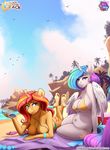  2017 anal_beads anthro anthrofied big_breasts bikini breasts chest_tuft clothing cutie_mark darkhazard duo english_text equestria_girls equine feathered_wings feathers feet female friendship_is_magic hair hi_res horn humanoid_feet looking_at_viewer lying mammal my_little_pony navel outside plantigrade princess_celestia_(mlp) sex_toy slightly_chubby sunset_shimmer_(eg) swimsuit text tuft unicorn winged_unicorn wings 