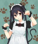 alternate_costume animal_hood apron argyle argyle_background black_bow black_hair bow brown_eyes cat_hood cat_tail enmaided hair_bow hijouguti hood k-on! long_hair looking_at_viewer maid maid_apron maid_headdress nakano_azusa paw_pose paw_print_pattern standing tail twintails wrist_cuffs 
