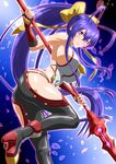  1girl antenna_hair arc_system_works ass bare_shoulders blazblue blazblue:_central_fiction blazblue_variable_heart blush boots breasts fingerless_gloves genderswap genderswap_(mtf) gloves hair_ribbon halter_top halterneck huge_breasts itaya long_hair looking_at_viewer mai_natsume outseal pants ponytail purple_eyes purple_hair shiny shiny_clothes shiny_hair shiny_skin sideboob skin_tight smile solo spear very_long_hair weapon 