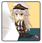  artist_name azur_lane chibi commentary enterprise_(azur_lane) hat highres long_hair miniskirt necktie peaked_cap pleated_skirt purple_eyes shirt silver_hair skirt sleeve_tug taisa_(kari) thighhighs translated very_long_hair 