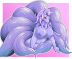  1girl artist_request breasts furry ninetales nipples nude pokemon purple_hair red_eyes red_hair smile solo two-tone_hair 