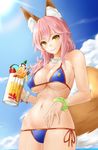  animal_ears bangle bare_arms bare_shoulders bikini blue_bikini blue_sky bracelet breasts chocolate cloud commentary_request cowboy_shot cup day drink drinking_glass fate/grand_order fate_(series) food fox_ears fox_tail from_below fruit glint hair_over_shoulder holding holding_cup jewelry kitagawa_onitarou large_breasts lips long_hair looking_at_viewer looking_down low-tied_long_hair lowleg lowleg_bikini nail_polish navel necklace orange_ribbon outdoors pink_hair pink_nails ribbon side-tie_bikini sky smile solo standing stomach strawberry string_bikini sunlight swimsuit tail tamamo_(fate)_(all) tamamo_no_mae_(swimsuit_lancer)_(fate) thighs underboob yellow_eyes 