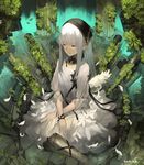  bangs closed_eyes closed_mouth commentary_request dated dress eyebrows_visible_through_hair feathers grey_hair grey_legwear head_scarf highres long_hair original outdoors overgrown pond rayvon sitting sleeves_past_elbows solo white_dress yokozuwari 