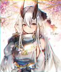  artist_name bangs blush breasts brown_eyes cherry_blossoms closed_mouth commentary_request day detached_sleeves eyebrows_visible_through_hair fate/grand_order fate_(series) hachimaki hair_between_eyes hand_up headband horns japanese_clothes large_breasts long_hair looking_at_viewer mirutu outdoors petals sideboob signature silver_hair solo tomoe_gozen_(fate/grand_order) upper_body 