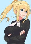  bad_id bad_pixiv_id blonde_hair blue_eyes breasts cat1444444 commentary_request darkness_(konosuba) hair_ornament kono_subarashii_sekai_ni_shukufuku_wo! large_breasts long_hair looking_to_the_side open_mouth ponytail smile solo upper_body x_hair_ornament 