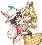  :&gt; animal_ears backpack bag black_eyes black_gloves black_hair blush commentary gloves hair_between_eyes hands_on_another's_hips hat hat_feather helmet kaban_(kemono_friends) kemono_friends looking_away multiple_girls pith_helmet red_shirt seki_(red_shine) serval_(kemono_friends) serval_ears serval_print serval_tail shirt short_hair shorts smile tail wavy_hair yuri 