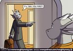  brothers clothed clothing comic dialogue dragon duo english_text fully_clothed looking_back male naughtymorg scalie sibling text 