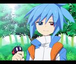  blue_eyes blue_hair bug closed_mouth eyebrows_visible_through_hair heterochromia insect komeichou-69 ladybug letterboxed looking_at_viewer male_focus puyopuyo red_eyes sig_(puyopuyo) smile solo upper_body 