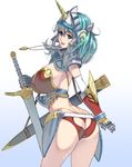  armor ass bikini_armor blue_background blue_eyes blue_hair breasts butt_crack elbow_gloves gloves gradient gradient_background gradient_hair helmet highres horned_helmet jewelry large_breasts long_hair looking_at_viewer looking_back masao multicolored_hair necklace original scabbard sheath sideboob silver_hair simple_background smile solo sword thighs two-tone_hair weapon white_background white_gloves 