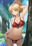  &gt;:( alternate_breast_size arm_behind_back arm_behind_head armpits ass_visible_through_thighs blush breasts cleavage contrapposto cowboy_shot fate/grand_order fate_(series) front-tie_bikini front-tie_top green_eyes groin groin_tendon highres hips large_breasts mordred_(fate)_(all) mordred_(swimsuit_rider)_(fate) navel short_hair solo standing tree v-shaped_eyebrows wide_sleeves yosanann 