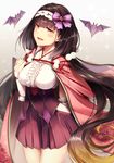  bat black_hair blush bow breasts brown_hair center_frills cloak cowboy_shot fate/grand_order fate_(series) gradient_hair hair_bobbles hair_bow hair_ornament hairband hip_vent hood hood_down japanese_clothes koruta_(nekoimo) large_breasts long_hair looking_at_viewer low_twintails miniskirt multicolored_hair open_mouth origami osakabe-hime_(fate/grand_order) parted_lips pleated_skirt pom_pom_(clothes) red_eyes skirt smile solo tablet_pc twintails underbust 