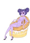  1girl breasts cake extra_arms extra_eyes fangs high_heels muffet nipples nude purple_skin pussy sitting solo spider_girl twintails undertale 