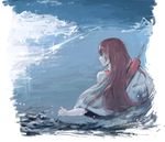  akagi_(kantai_collection) arrow blue_sky brown_eyes brown_hair cloud eyebrows_visible_through_hair from_behind japanese_clothes kantai_collection kimono long_hair long_sleeves looking_to_the_side ocean quiver rureizi sky solo tasuki upper_body water white_kimono wide_sleeves 