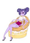  1girl breasts cake cloths extra_arms extra_eyes fangs high_heels muffet purple_skin sitting skirt solo spider_girl twintails undertale underwear 