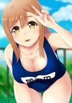  ako_suke bent_over blush breasts brown_eyes brown_hair cleavage clothes_writing cloud day fence kunikida_hanamaru large_breasts long_hair looking_at_viewer love_live! love_live!_sunshine!! one-piece_swimsuit outdoors parted_lips school_swimsuit sky smile solo swimsuit v 