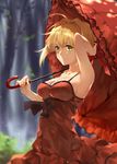  arm_up armpits bangs blonde_hair blurry breasts cleavage closed_mouth commentary_request day depth_of_field dress eyebrows_visible_through_hair fate/extra fate_(series) forest frills green_eyes hair_ribbon hana_mori hand_up highres looking_at_viewer medium_breasts modern_costume_of_crimson nature nero_claudius_(fate) nero_claudius_(fate)_(all) outdoors red_dress red_ribbon ribbon sidelocks smile solo strap_gap umbrella underbust upper_body 