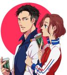  1girl bad_id bad_pixiv_id black_hair blue_eyes brown_eyes coffee_cup con_potata cup disposable_cup jacket mila_babicheva open_mouth otabek_altin red_hair track_jacket yuri!!!_on_ice 