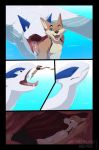  canine clothing comic coyote diving_board gene_kruger_(character) internal legendary_pok&eacute;mon lugia mammal nintendo nummynumz one_eye_closed open_mouth pok&eacute;mon pok&eacute;mon_(species) sea selfie shorts size_difference smile tongue video_games vore water wink 