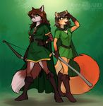  2017 abluedeer anthro arrow black_nose bow canine digital_media_(artwork) duo female fluffy fluffy_tail fox green_eyes holding_object holding_weapon mammal simple_background smile standing weapon 