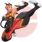  black_gloves black_hair elbow_gloves emboar gen_5_pokemon gloves kicking male_focus orange_hair personification pointy_ears poke_ball_symbol pokemon red_eyes sanai25290720 solo tail tusks 