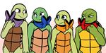  2017 anthro bandanna barely_visible_genitalia blue_eyes bow_tie chipped_shell donatello_(tmnt) freckles green_eyes group hand_holding inkyfrog leonardo_(tmnt) lineup male michelangelo_(tmnt) raphael_(tmnt) red_eyes reptile scalie shell slit standing teenage_mutant_ninja_turtles turtle 