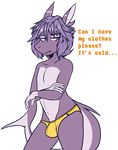  2017 alpha_channel anthro blush bulge clothed clothing crackers english_text fish hair looking_aside male marine open_mouth purple_body purple_eyes purple_hair shark simple_background solo standing text topless transparent_background underwear 