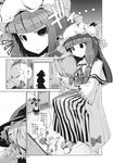  aozora_market apron bangs blunt_bangs book bow comic greyscale hair_bow hat highres kirisame_marisa long_hair mob_cap monochrome multiple_girls necktie nightgown page_number patchouli_knowledge short_sleeves skirt touhou translated vest waist_apron witch_hat 