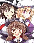  aki_chimaki blonde_hair bow brown_eyes brown_hair check_commentary commentary_request fedora glasses hat hat_bow highres looking_at_viewer maribel_hearn mob_cap multiple_girls necktie one_eye_closed open_mouth purple_eyes red-framed_eyewear red_neckwear short_hair smile touhou usami_renko usami_sumireko white_bow 