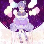  androgynous balloon covered_mouth dress drifloon full_body gen_4_pokemon hair_ribbon hat long_sleeves looking_at_viewer moemon personification pink_eyes pokemon purple_dress purple_hair purple_legwear ribbon socks standing 