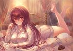  barefoot bed blush breasts chocolate chocolate_heart closed_mouth dress fate/grand_order fate_(series) gae_bolg heart large_breasts legs_up long_hair looking_at_viewer lying on_bed on_stomach petals red_eyes red_hair ribbed_sweater scathach_(fate)_(all) scathach_(fate/grand_order) smile solo sweater sweater_dress turtleneck turtleneck_sweater white_sweater yahiro_(666131415) 