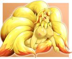  1girl artist_request blonde_hair breasts furry ninetales nipples nude pokemon red_eyes red_hair smile solo two-tone_hair 