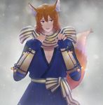  animal_ears brown_hair fingerless_gloves fire_emblem fire_emblem_if fox_ears fox_tail gloves japanese_clothes lijupy male_focus nishiki_(fire_emblem_if) scarf snow snowflakes tail 