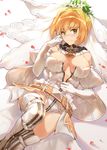 ahoge bangs bare_shoulders bed_sheet belt belt_buckle blonde_hair blush breasts breasts_apart bridal_veil buckle center_opening chain chain_necklace clenched_hand closed_mouth detached_collar detached_sleeves dutch_angle elbow_gloves eyebrows_visible_through_hair fate/extra fate/extra_ccc fate_(series) flower flower_wreath from_above full-length_zipper full_body garter_belt gloves green_eyes hair_bun hair_flower hair_intakes hair_ornament hana_mori hand_on_own_cheek hand_on_own_stomach hand_up head_tilt head_wreath highres indoors knee_up large_breasts leg_strap legs_together leotard light_smile lock looking_at_viewer loose_belt lying nero_claudius_(bride)_(fate) nero_claudius_(fate)_(all) nose_blush on_back padlock partially_unzipped petals puffy_detached_sleeves puffy_sleeves see-through shadow short_hair showgirl_skirt sidelocks skirt smile solo thigh_strap thighhighs thighs unzipped veil white_flower white_gloves white_legwear white_leotard white_skirt white_sleeves wide_sleeves zipper 