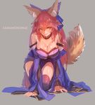  1girl all_fours animal_ears bare_shoulders blue_bow blue_legwear blush bow breasts caster_(fate/extra) cleavage closed_mouth detached_sleeves fate/extra fate/extra_ccc fate_(series) fox_ears fox_tail full_body ha2ru hair_between_eyes hair_bow japanese_clothes large_breasts long_hair long_sleeves looking_at_viewer pink_hair smile solo tail thighhighs wide_sleeves yellow_eyes 