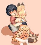  animal_ears biting black_eyes black_gloves black_hair blush commentary_request gloves high-waist_skirt highres initsukkii kaban_(kemono_friends) kemono_friends licking multiple_girls neck_licking pantyhose red_shirt serval_(kemono_friends) serval_ears serval_print serval_tail shirt short_hair shorts skirt striped_tail tail wavy_hair yuri 