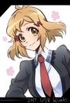  artist_name brown_hair dated hair_ornament hairclip highres kiraki looking_at_viewer lydian_academy_uniform necktie red_neckwear school_uniform senki_zesshou_symphogear short_hair smile solo tachibana_hibiki_(symphogear) 