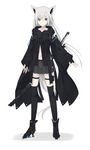  animal_ears bangs black_legwear blue_eyes boots eyebrows_visible_through_hair fox_ears fox_girl fox_tail full_body grey_hair hair_between_eyes highres long_hair nagishiro_mito navel original pleated_skirt simple_background skirt solo standing sword tail thigh_strap weapon 