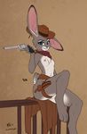  2017 anthro blue_eyes breasts female fluff-kevlar fur grey_fur gun handgun hat holster lagomorph mammal navel nipples nude pose pussy rabbit ranged_weapon revolver scarf sitting six_shooter sixes_wild smile solo weapon western 