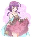  bangs brooch closed_mouth cowboy_shot dress fire_emblem fire_emblem:_seima_no_kouseki jewelry kizuki_miki looking_at_viewer lute_(fire_emblem) multi-tied_hair necklace purple_hair shawl skirt_hold smile solo twintails white_background 