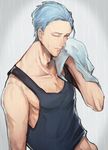  adonis_belt bare_shoulders black_shirt blue_eyes blue_hair collarbone hair_slicked_back idolmaster idolmaster_side-m komesuke kuzunoha_amehiko looking_to_the_side male_focus one_eye_closed pectorals shirt sleeveless tank_top upper_body wiping_face 