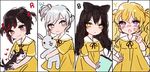 bandaid bandaid_on_face black_hair blake_belladonna blonde_hair blush book bow brown_hair bunny child clenched_hand doll ecru hair_bow hand_on_hip kindergarten_uniform looking_at_viewer multiple_girls open_mouth purple_eyes ruby_rose rwby silver_eyes silver_hair smile stuffed_animal stuffed_toy weiss_schnee welsh_corgi yang_xiao_long yellow_eyes younger zwei_(rwby) 