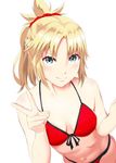  bikini blonde_hair blush braid breasts cleavage dutch_angle fate/grand_order fate_(series) french_braid front-tie_bikini front-tie_top green_eyes highres looking_at_viewer medium_breasts mordred_(fate)_(all) mordred_(swimsuit_rider)_(fate) navel ponytail red_bikini red_scrunchie scrunchie smile solo swimsuit v wakegi9315 white_background 