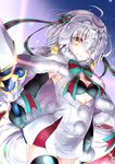  absurdres ahoge black_legwear capelet christmas commentary_request elbow_gloves fate/grand_order fate_(series) fur_trim gloves hair_ribbon hane_yuki headpiece highres jeanne_d'arc_(fate)_(all) jeanne_d'arc_alter_santa_lily jingle_bell_earrings long_hair ribbon silver_hair striped striped_ribbon yellow_eyes 