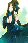  alternate_hairstyle bare_shoulders black_gloves black_lipstick blue_flower blue_rose breasts brown_hair cleavage dress elbow_gloves eyeshadow flower gloves green_dress green_eyes green_hair highres kiraki large_breasts lipstick long_hair looking_at_viewer makeup multicolored_hair phara_suyuf ponytail rose senki_zesshou_symphogear smile solo two-tone_hair 